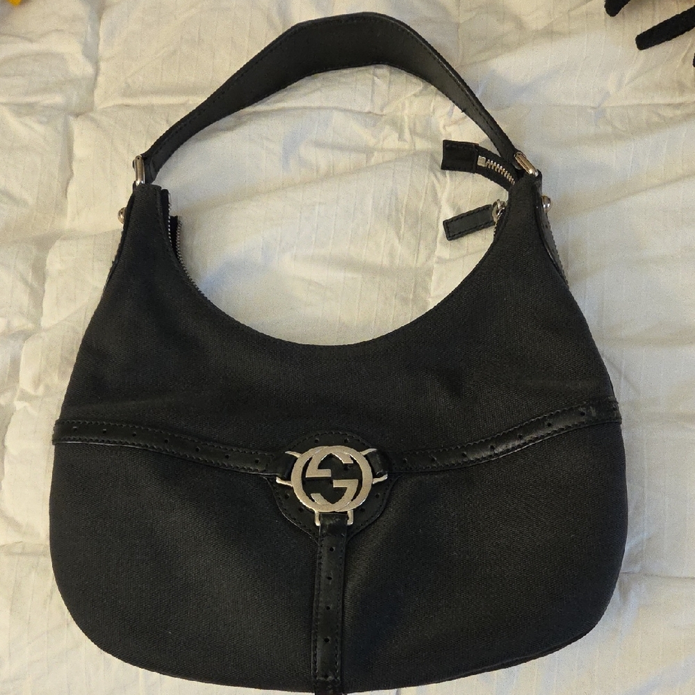 Gucci Black Canvas Hobo with Silver Interlocking G